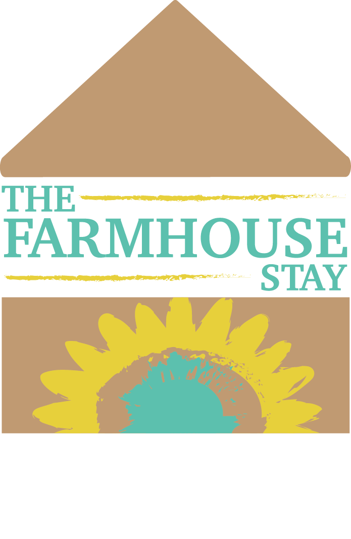 Farmhouse logo with sunflower and text.