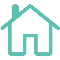Teal house icon on black background.