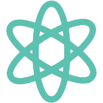 Teal atom symbol on black background.