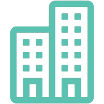 Icon of two teal buildings on black.