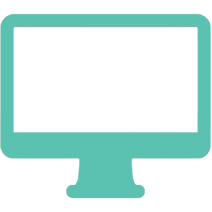 Teal computer monitor icon on black background.