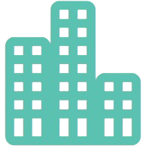 Green building icon on black background.