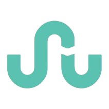 Teal abstract logo on black background.